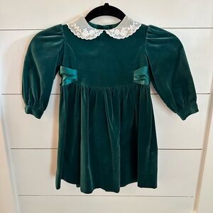 Y2K VTG 18-24M LAURA ASHLEY Lace Bib Green velvet tie waist holiday girls dress